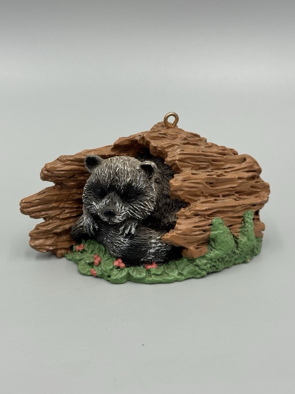 Vintage 1994 Sleeping Raccoon Log Resin Woodland Animal Ornament DCI 3” Long